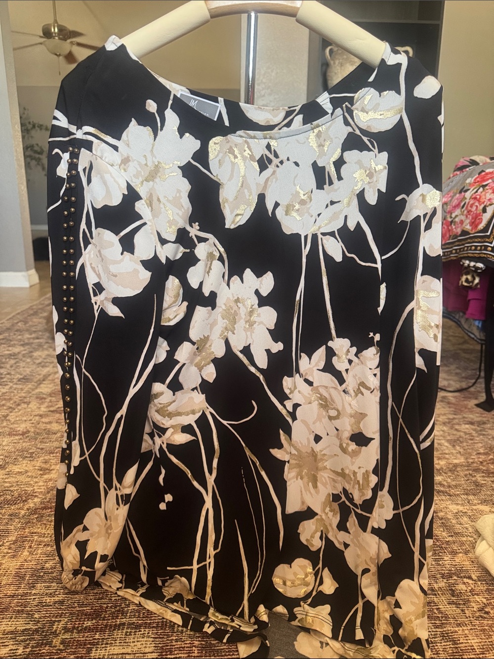 Black Floral Blouse with Gold Accents